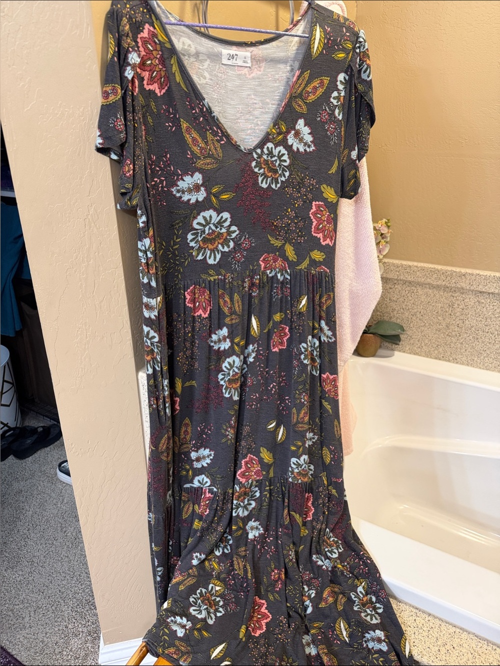 Charcoal Floral V-Neck Maxi Dress with Short Sleeves Fits S-M